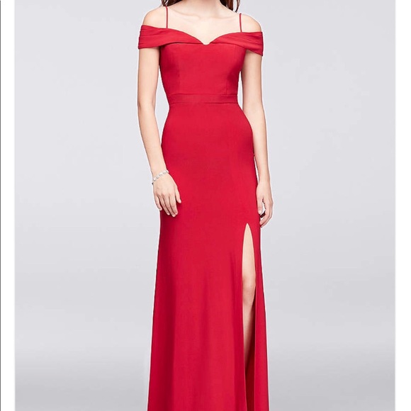 Red Off The Shoulder Gown with Slit - Picture 2 of 5
